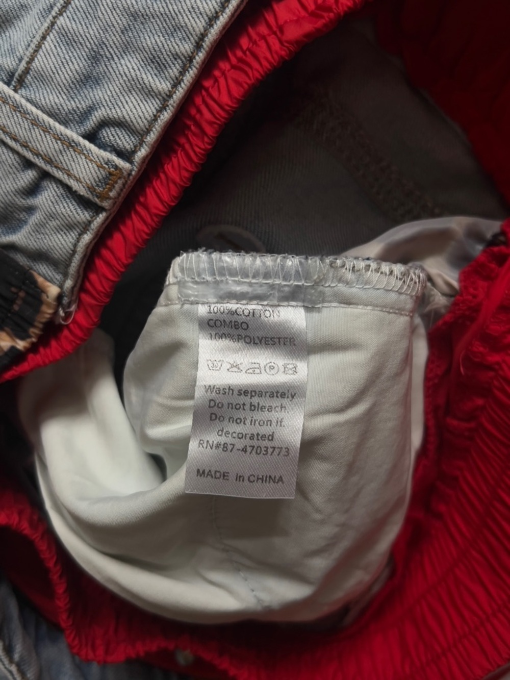 Distressed Light Wash Denim Pants with Red & Leopard Panels - Picture 7 of 12